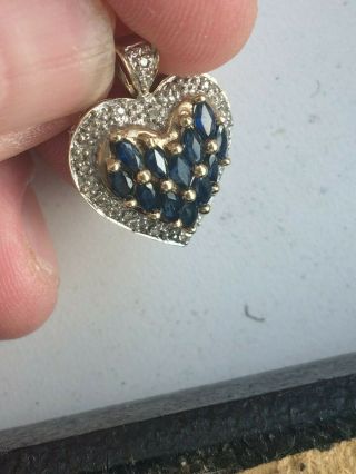 Vintage 9ct 9k Solid Gold Sapphire & Diamond Heart Shape Pendant