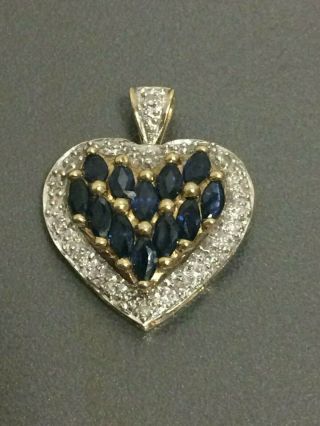 Vintage 9ct 9K Solid Gold Sapphire & Diamond Heart Shape Pendant 2