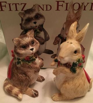 Fitz And Floyd Woodland Snowman Raccoon Rabbit Salt & Pepper Shaker Xmas Bunny