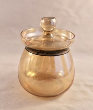 Pale Amber Glass Lidded Mustard Or Jam Jar With Notched Lid Silver Trim