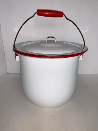 Vintage Red & White Enamelware Bucket/ Chamber Pot W/ Lid & Wood Handle 8”