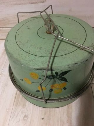 Vintage Metal Tin 2 Tiered Cake Pie Stacking Carrier Green With Flowers