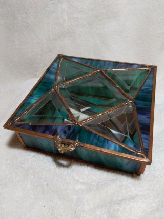 Beveled,  Stained,  Mirror Glass Trinket Box Blu Green 6 - 1/2 " Square Copper Accents