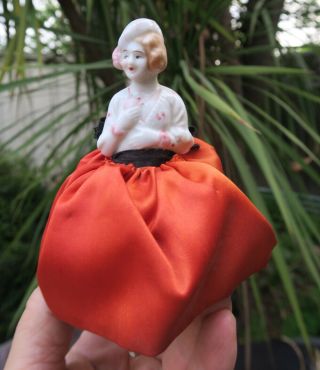 Pin Cushion Lady Porcelain Half Doll German Halfdoll Handpainted Red Dress Legs