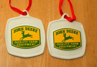 Set Of 2 John Deere Farm Equipment Moline Tractor Ornament Nos White