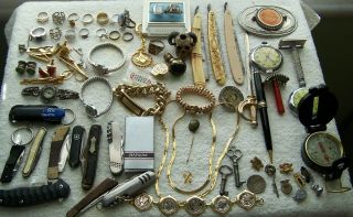 Vintage Junk Drawer Lor Rings Knives Watches Compass & More