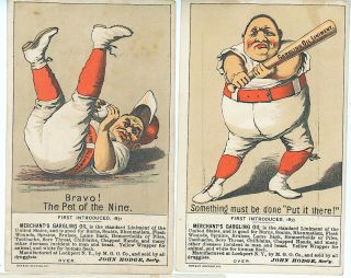 C1880s Two Great Baseball Victorian Trade Cards Merchants Gargling Oil Vermont