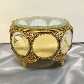 Vintage Gold Ormolu Jewelry Casket 8 Window Beveled Glass 24 Kt Stylecraft Exc