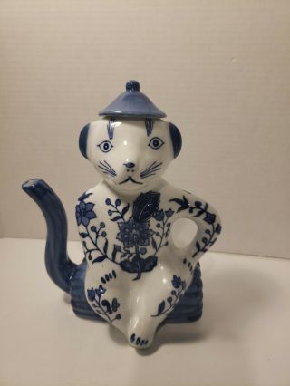 Formalities By Baum Bros Cat Tea Pot Blue And White 8 3/4 "