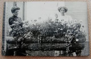 Vintage Rppc 2 Lovely Ladies Tending Their Flowers Rustic Log Planter