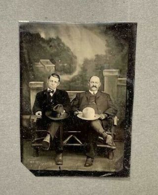 Antique Tintype Photo 1800s Men With Hats Paper Frame