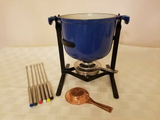 Le Creuset Vintage Cast Iron Blue Pot Bleu Fondue Set Service For 6