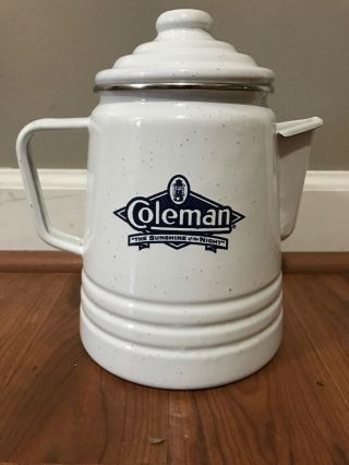 Vintage Coleman White Speckled Enamel Coffee Pot 9 - Cup Capacity No Basket Percol