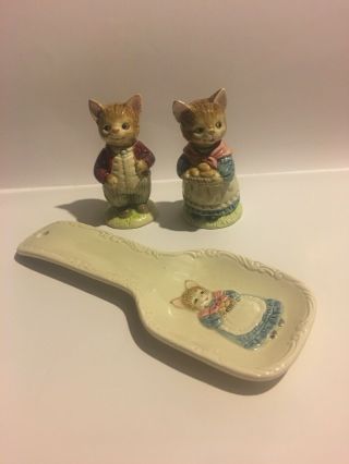 Otagiri Cat Salt And Pepper Set And Spoon Rest.  Hand Crafted.  Japan.