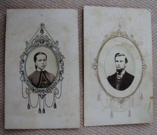 2 Antique Civil War Era Cdv Photos Portraits Of A Lovely Young Woman & Man