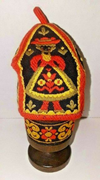 Vintage Wooden Egg Cup With Hand Knit German Colorful Hat Top Cover 70 