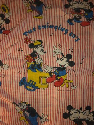 Vintage Walt Disney Mickey Mouse Twin Flat Sheet Swinging 30s Red Stripe 2