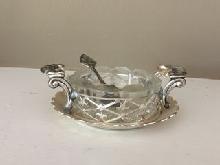 Vintage Bohemian Cut Crystal Decagon Salt Cellar On Argent Silver Scalloped Dish