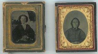 C1860s Two Photos Tin Type And Ambrotype In Cases