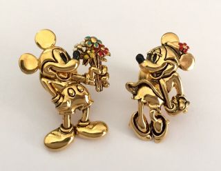 Vintage Disney Napier Signed Mickey & Minnie Mouse Set Of 2 Lapel Pins Flowers