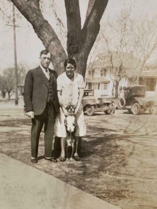 Antique Snapshot Photo 1920s Man & Woman Boston Terrier Dog