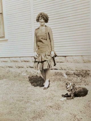 Antique Snapshot Photo 1920s Young Flapper Woman Boston Terrier Dog Tulsa Ok