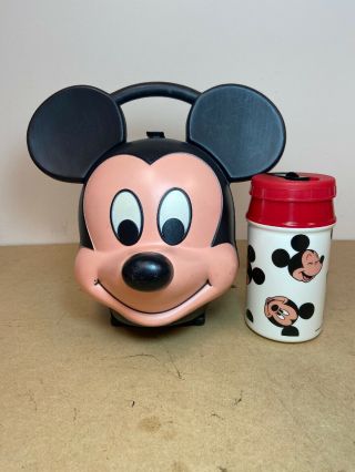 Vtg 70s Walt Disney Aladdin Mickey Mouse Head Lunch Box Kit W/ Thermos
