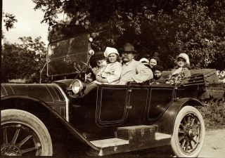 1920s Era Photo Negative Car Family Packed In Luxury Automobile In Sunday Best