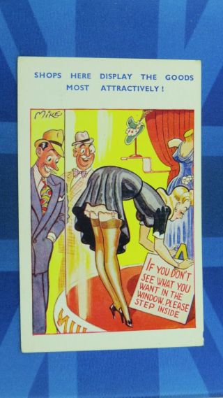 Risque Comic Postcard 1930s Silk Stockings Garter French Knickers Window Dresser