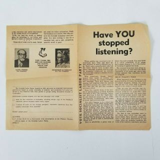 1972 Socialist Labor Party Presidential Campaign Flyer Brochure Fisher Gundersn