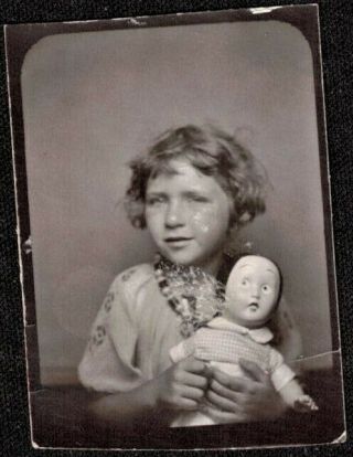Old Vintage Antique Photo Booth Photograph Little Girl W/ Creepy Doll
