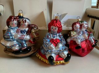 3 Polonaise Kurt S.  Adler Raggedy Ann & Andy Rocking Horse Heart Glass Ornament