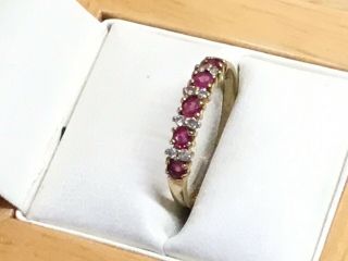 A Pretty Vintage 9ct Gold,  Diamond And Ruby 1/2 Eternity Ring,  Size O