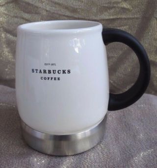 Starbucks White Estd Ceramic Mug Rubber Grip Handle Stainless Base 2006 14 Oz.