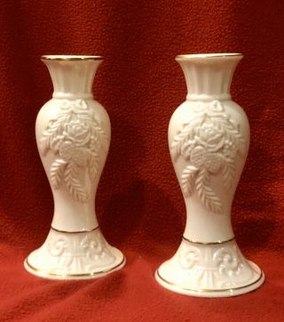 Set Of 2 - Lenox - Winter Bouquet - Candle Stick Holders - Ivory With Gold Trim