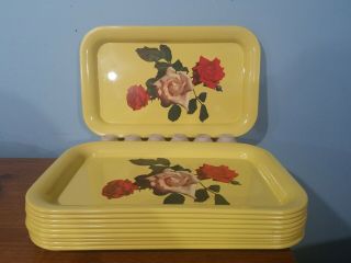 Tray: Serving: Set Of 10: Metal Yellow W/2 Red Roses,  1 White Rose & Greens