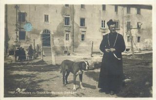 Hospice Du Grand St - Bernard Suisse Switzerland Priest & Dog Photo Postcard