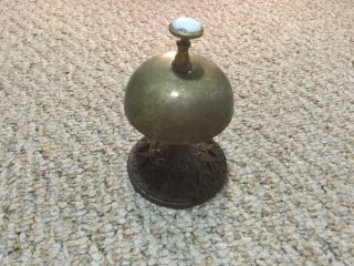 Awesome Antique Brass Desk Call Bell With Cast Iron Base And Marble Button