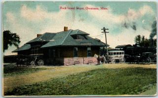 Owatonna,  Minnesota Postcard Rock Island Railroad Depot W/ Train C1910s