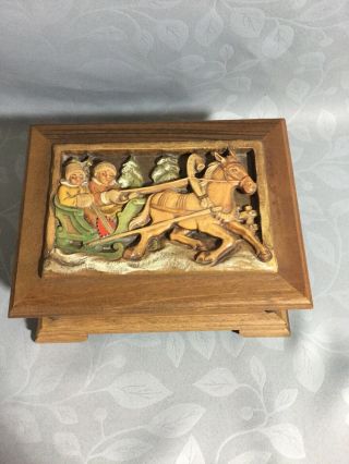 Rare 1960 Anri Italy Reuge Switzerland Hand Carved Wood Jewelry Music Box Sleigh