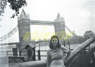 Photo Negative - Young Lady By Tower Bridge,  London - C.  1950 