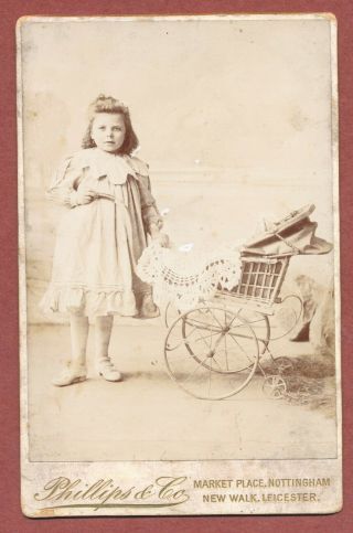 Small Girl With Pram " May 1902 " Cabinet Card By Phillips,  Nottingham Jx1427