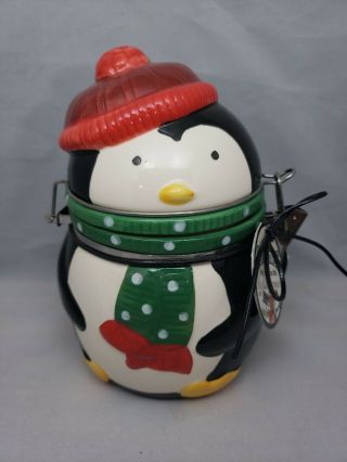 Penguin Holiday Ceramic Canister Swiss Miss Cocoa Cookie Jar