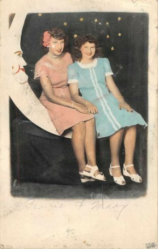 2 Girls Sitting On A Paper Moon Studio Prop,  Tinted Real Photo Pc C 1940 