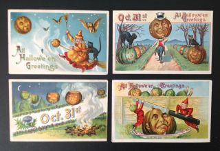 Vintage Halloween Postcards (4) Series 914 - Animated Pumpkins,  Cats,  Bonfire
