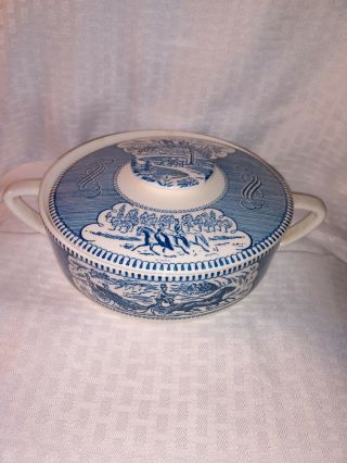 Vintage Currier And Ives Cover Casserole Dish 8 " Blue/white