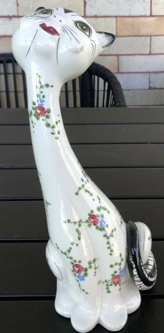 Vtg Ceramic Italy Cat Kitten Long Neck Hand Painted Coin Bank Ivy Flowers Floral