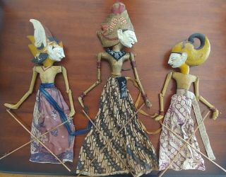 Vintage Wooden Wayang Golek Indonesia Marionette Stick Puppet Thai Doll Set Of 3