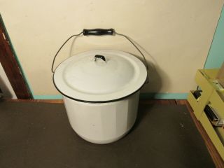 Vintage Black White Enamel Pail Bucket Chamber Pot Lid Wood Handle Enamelware