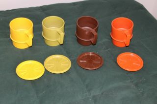 Tupperware Coffee Mugs Cups Lids Vintage Avocado Orange Yellow Brown Harvest